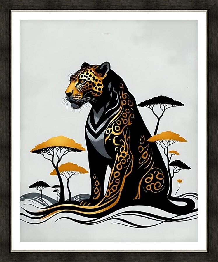 Framed stylized jaguar art print with gold and black geometric detailing, trees and waves