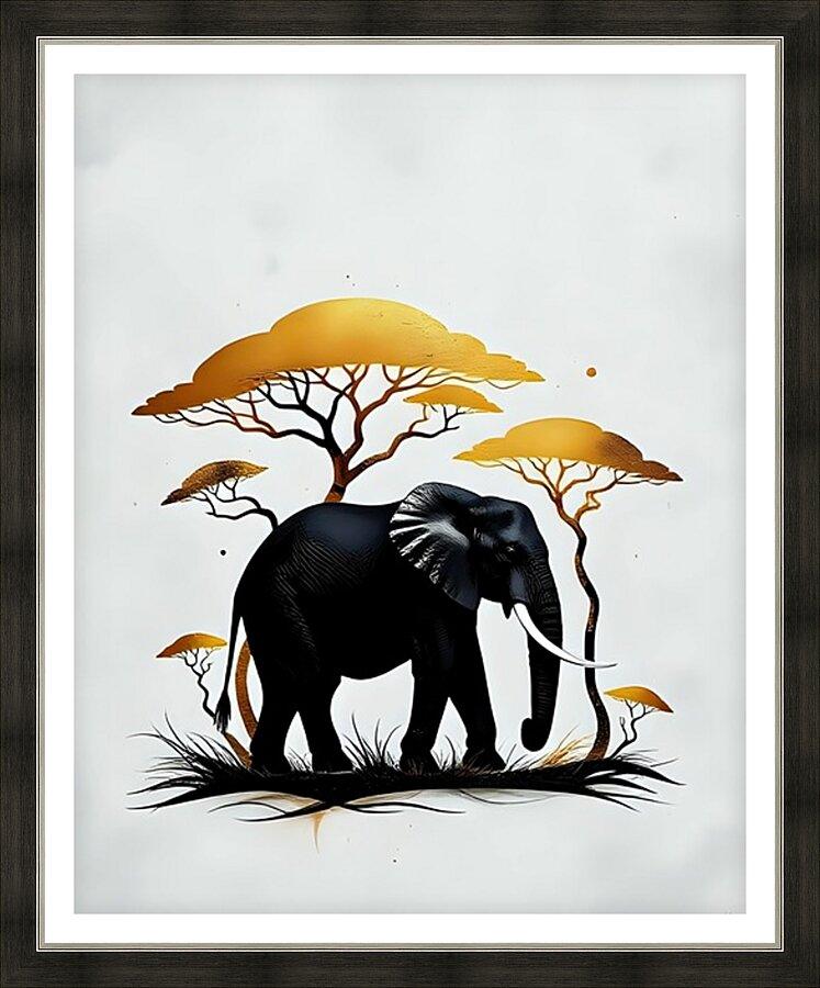Framed elephant wildlife wall art with black elephants and golden acacia trees