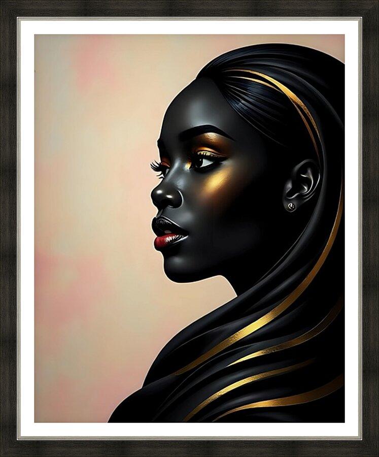 Framed portrait wall art of black woman side profile with gold accents and headwrap