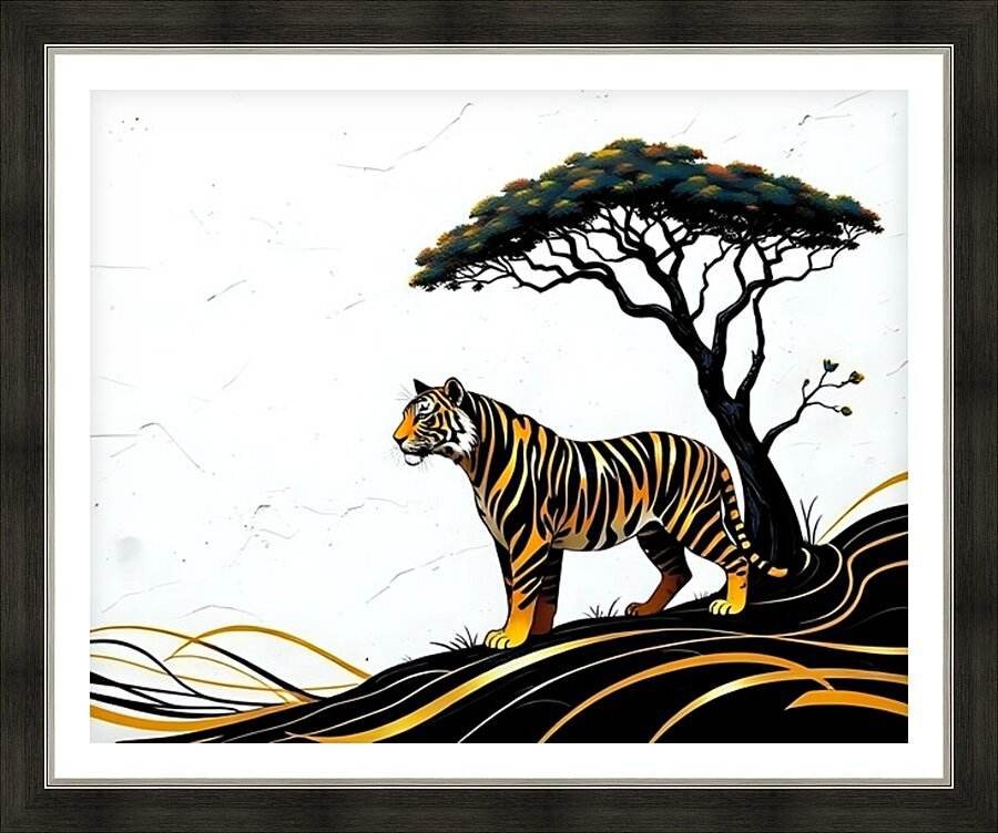 Framed tiger and tree wall art print with golden stripes on black hills
