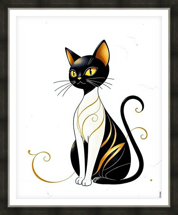 Stylized black cat wall art print with gold deco swirls and yellow eyes