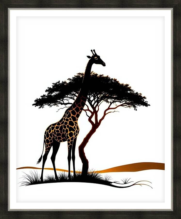 Framed minimalist giraffe wildlife print with tree and grass silhouettes