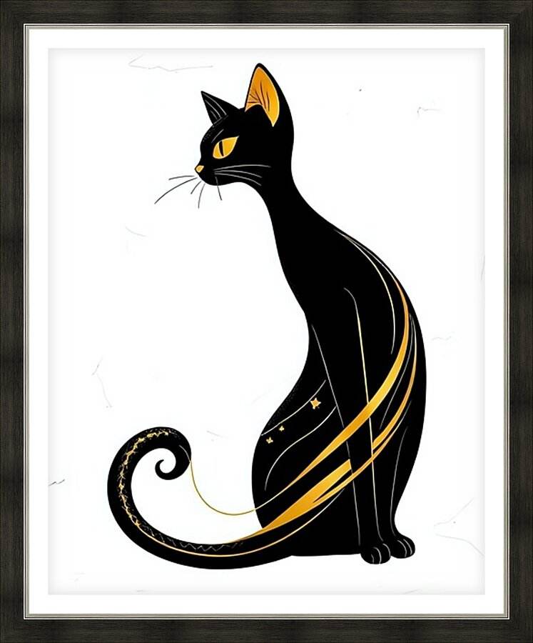 Framed art print of stylized black cat with golden arched stripes and swirl tail