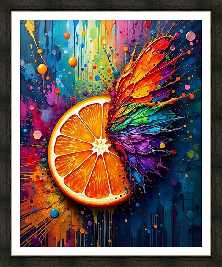 Framed abstract orange artwork showing glowing sliced orange and multicolor spray effects.