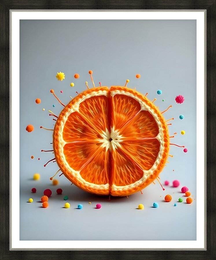 Framed wall art print with halved orange slice and colorful citrus confetti