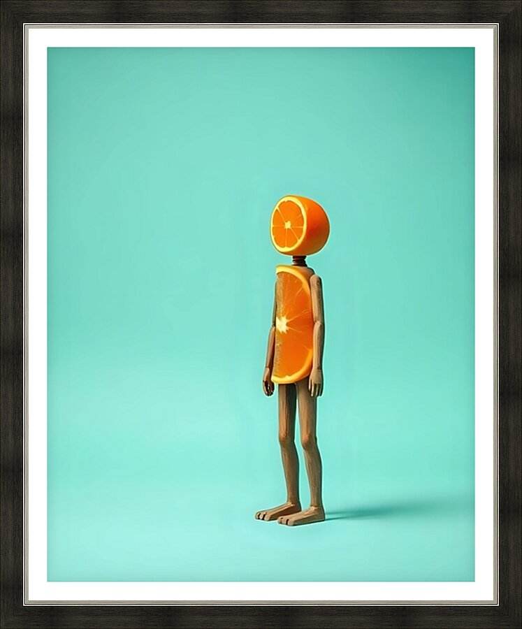 Dark wood framed abstract wall art with orange fruit-headed figure on teal background