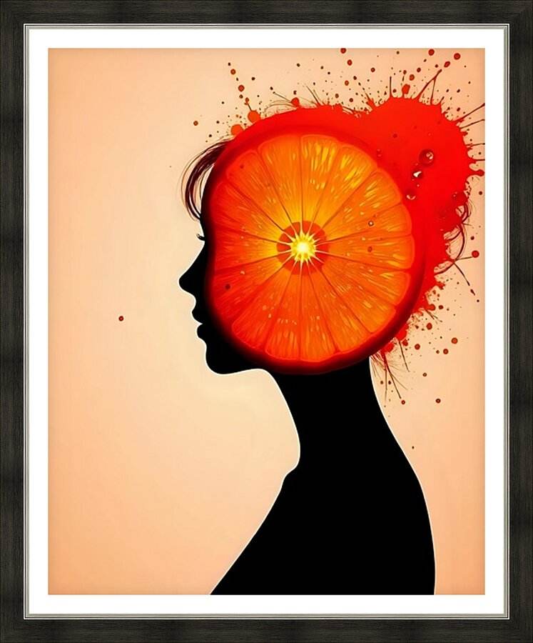 Framed abstract portrait with black profile silhouette and bright orange citrus burst