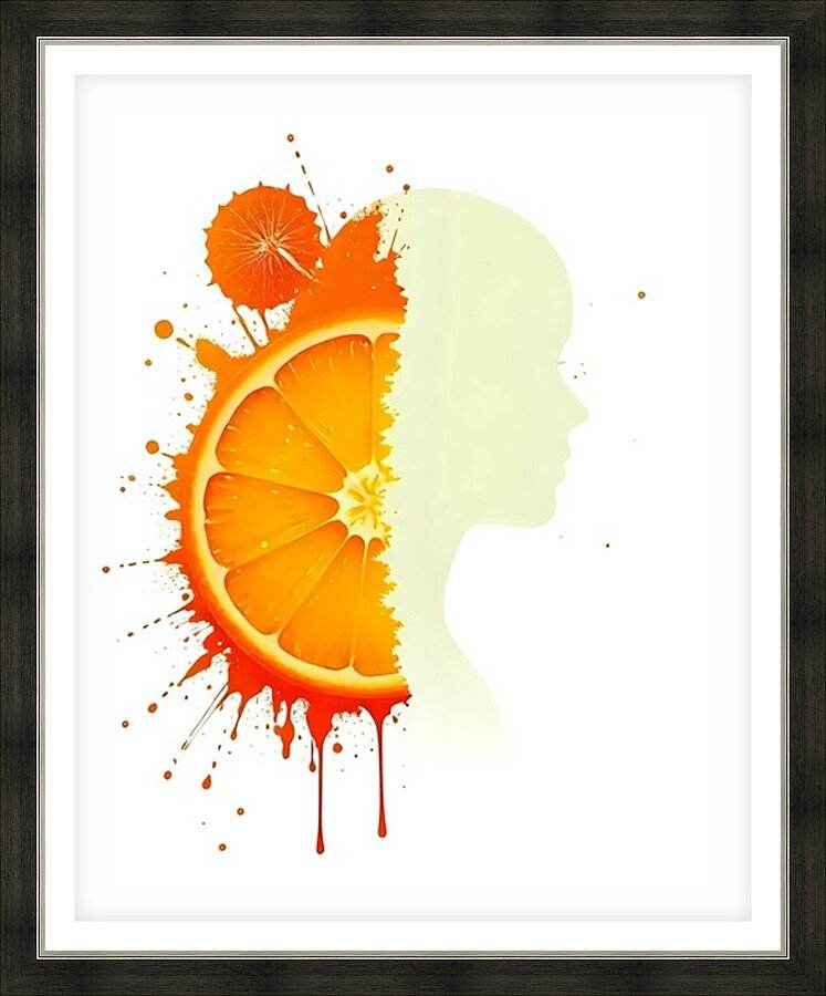 Black framed abstract portrait print featuring orange citrus profile and pale yellow head silhouette