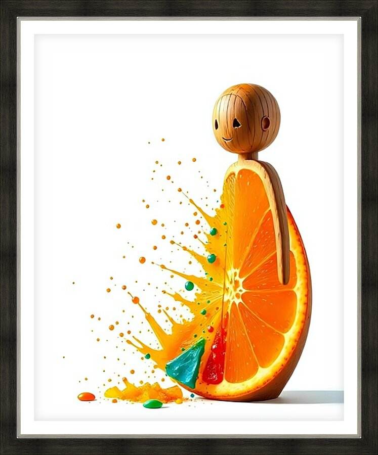 Framed abstract orange character artwork with smiling fruit figure and colorful splash
