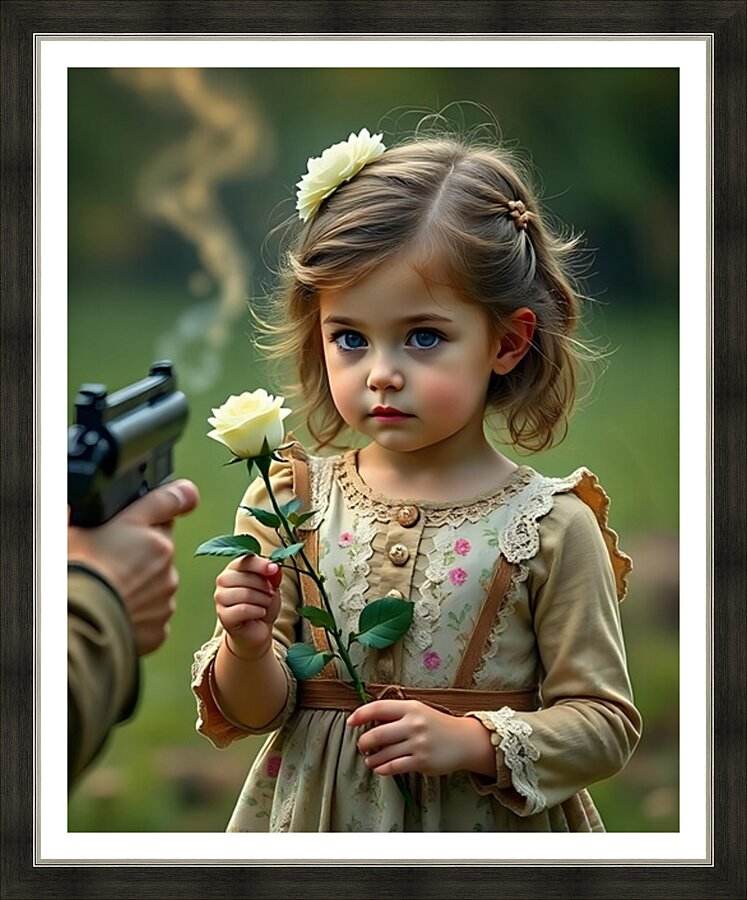 Framed art print with young girl holding a flower near a spray nozzle.