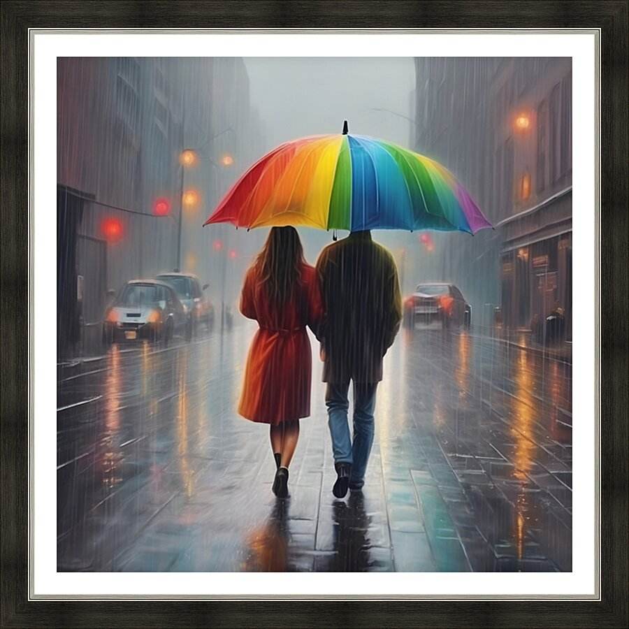 Framed wall art print of a couple walking under a rainbow umbrella on a rainy street