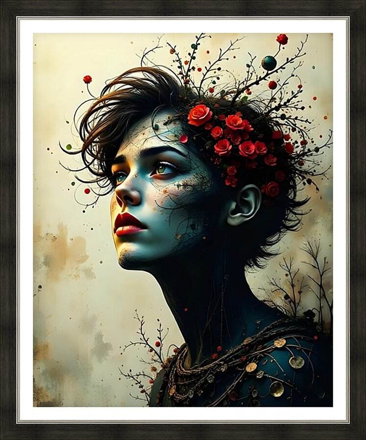 Framed gothic portrait of a woman with blue face, red roses, and branch details