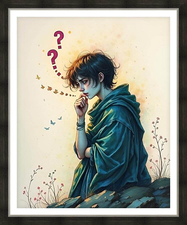 Framed art print of a woman in teal cloak holding her chin, with question marks and butterflies
