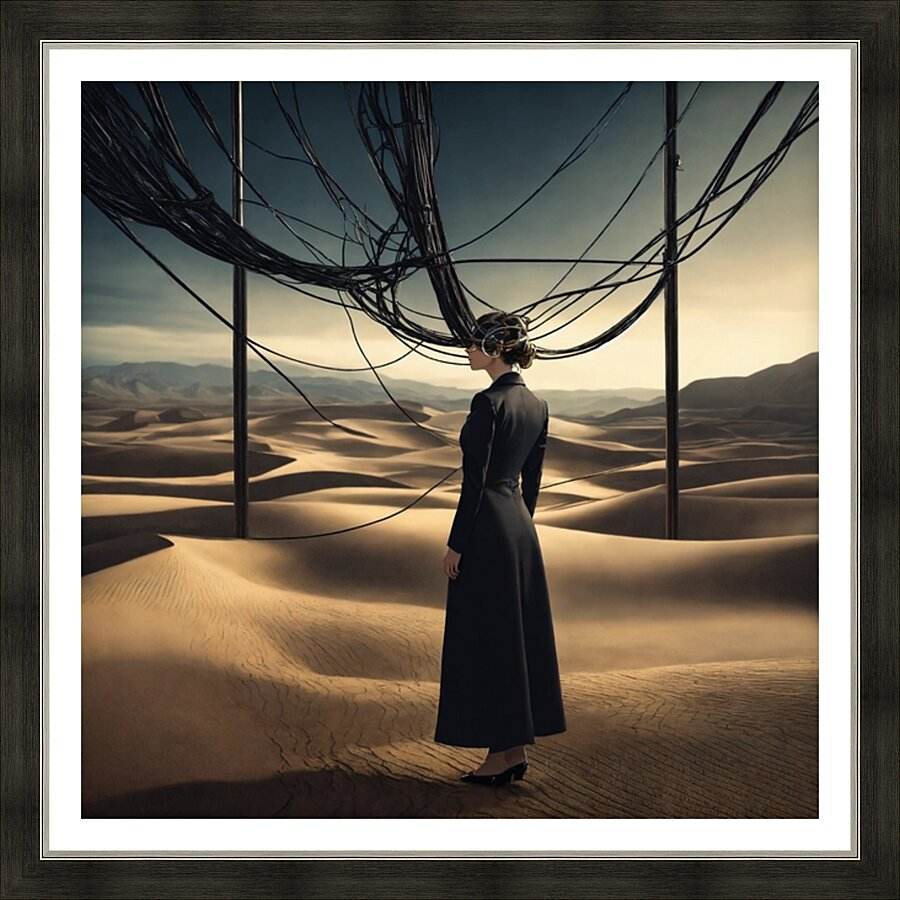 Framed art print of a woman in a dark dress facing a desert with web-like lines overhead