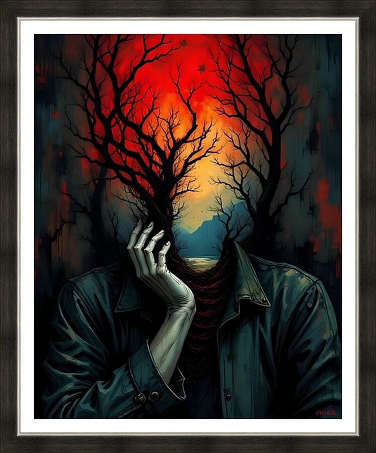 Framed surreal wall art print of a figure with tree branches from the head and glowing horizon
