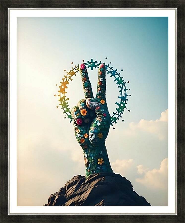 Framed floral peace-hand artwork with circular peace symbols on light sky background