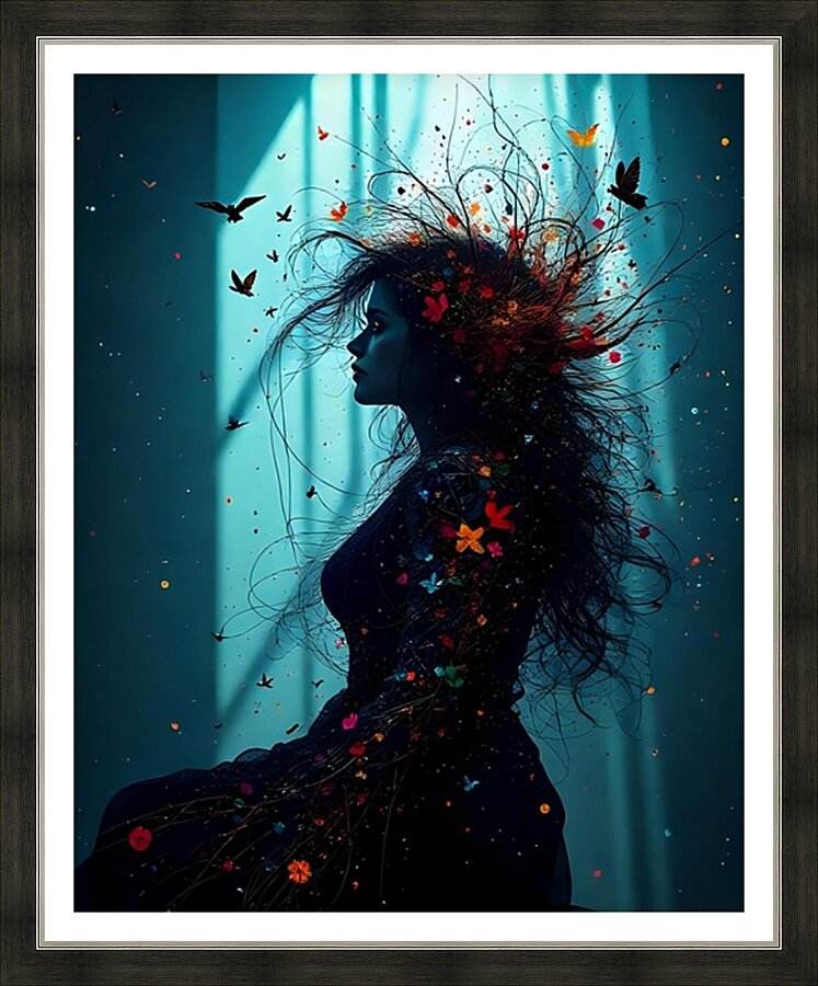 Framed poster print of a black woman profile silhouette with colorful butterflies on teal background