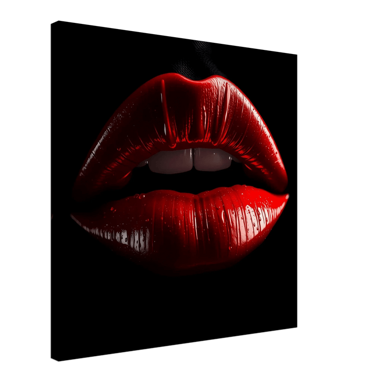 Framed canvas print featuring glossy red lips on a dark background