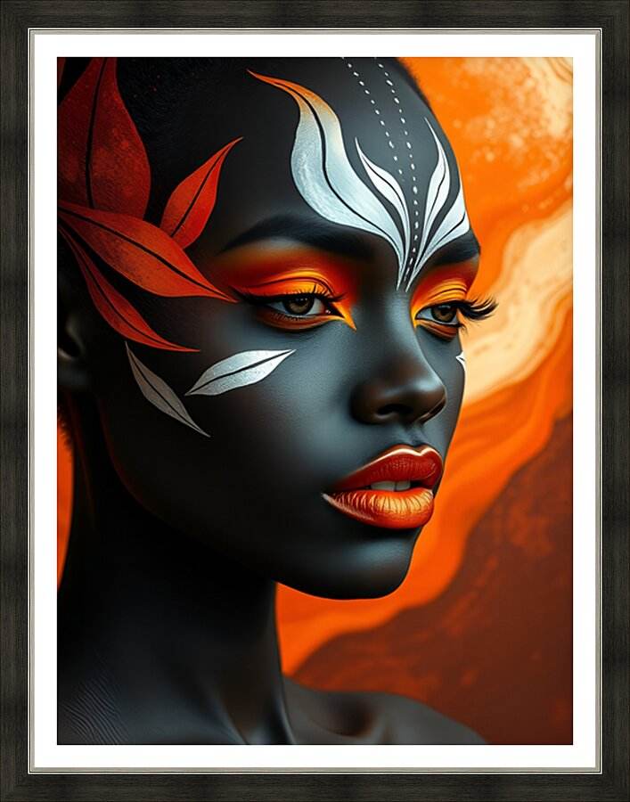 Framed stylized face portrait wall art with orange glow, black skin tones, and red feather shapes