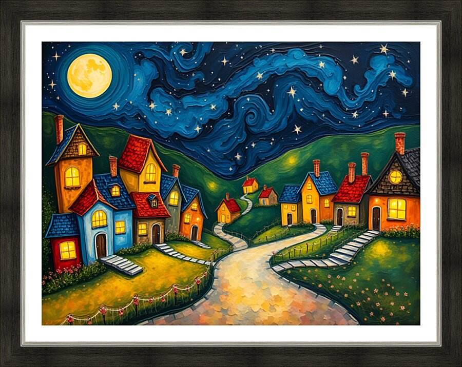 Dreamlike Village 4 - Post-Impressionist-Folk-Art-Nocturnal-Magical - Esmonbijouart 