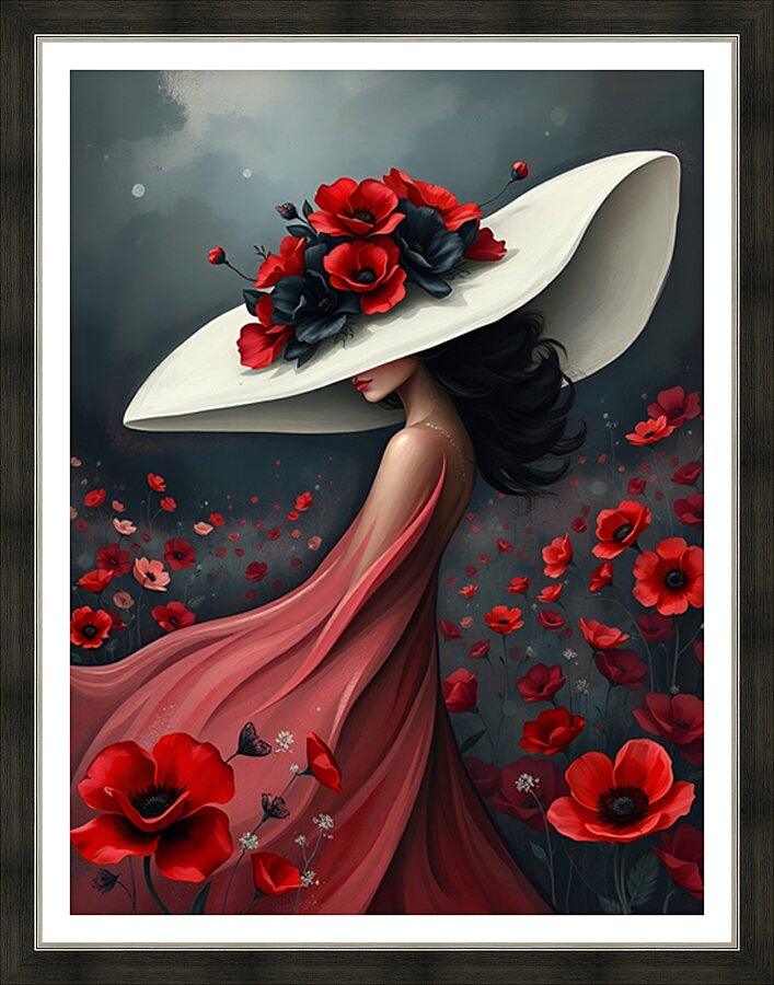 Framed portrait print of woman in white hat with red poppy flowers and flowing red gown