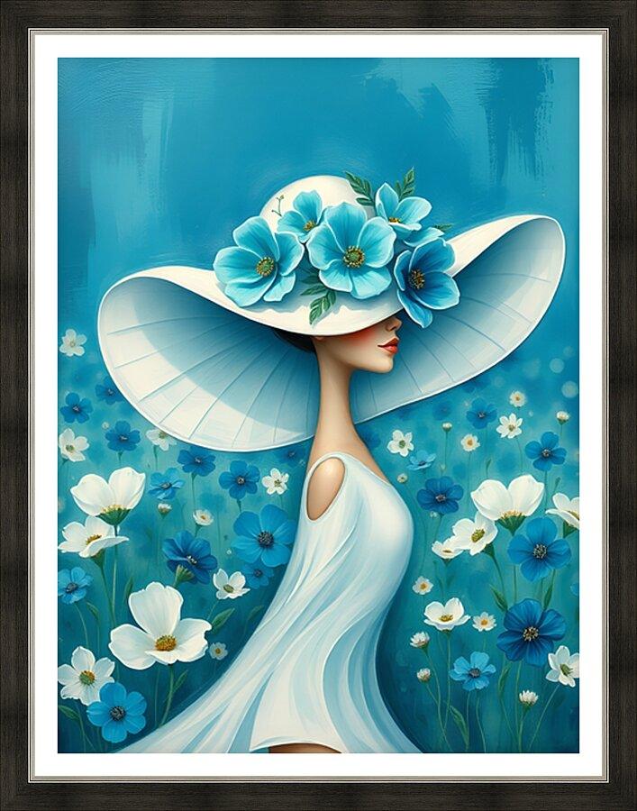 Framed floral portrait artwork: woman in white dress with blue flower hat