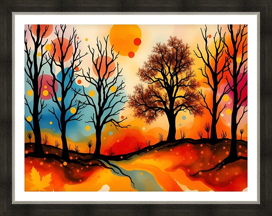 Framed abstract autumn landscape print with silhouetted trees and a bright orange sunset