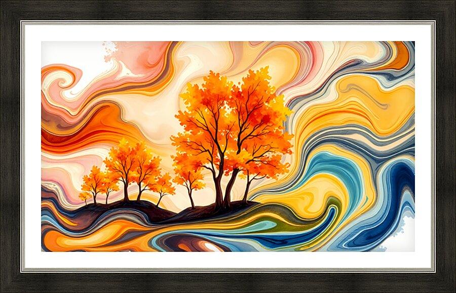 Framed abstract autumn scene with orange trees and swirling blue, yellow, and orange flows