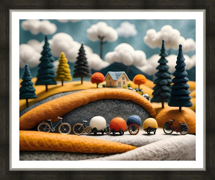 Framed yarn-style bicycle scene art print with bikes, house, and pine trees