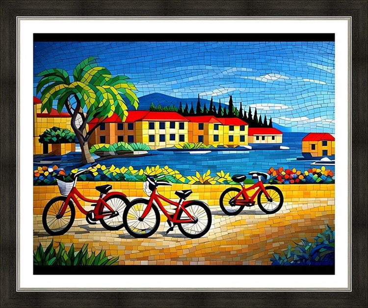 Framed bicycle mosaic wall art print with red bikes, palm tree, and colorful riverside buildings