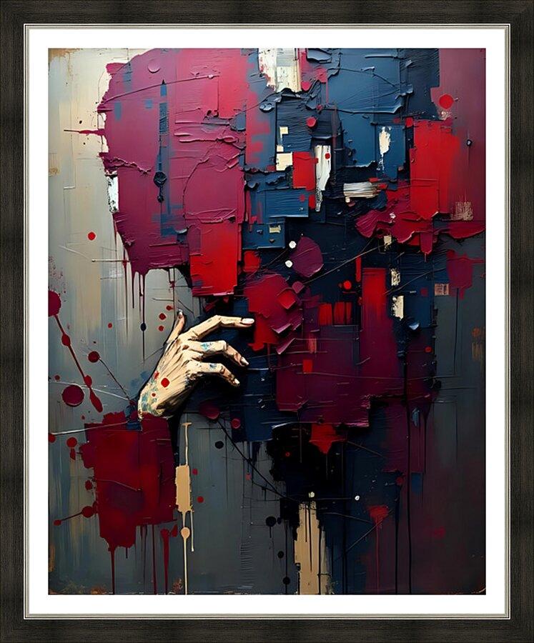 Close-up framed abstract hand with red and blue paint splashes and splatters