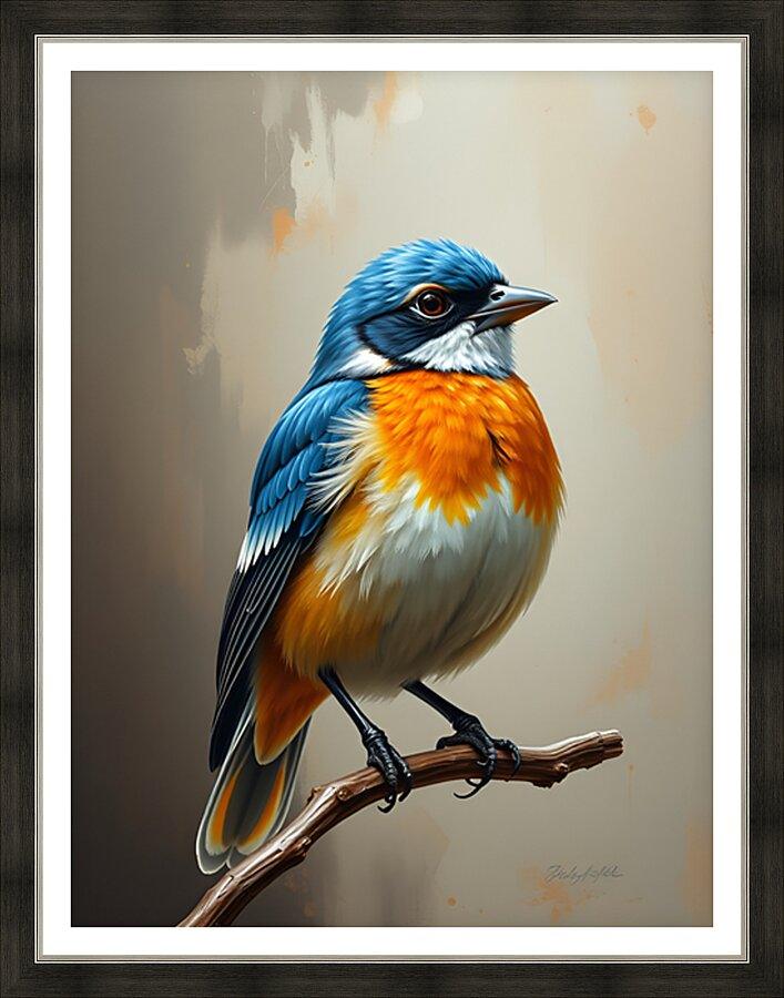 Framed blue and orange bird portrait print on black border, perched on a branch
