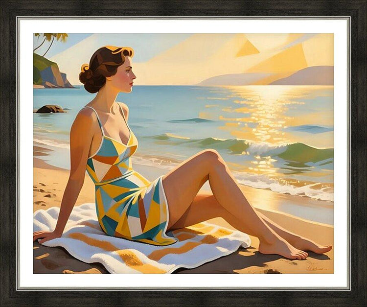 Framed beach artwork of a seated woman in colorful geometric one-piece swimsuit on a blanket