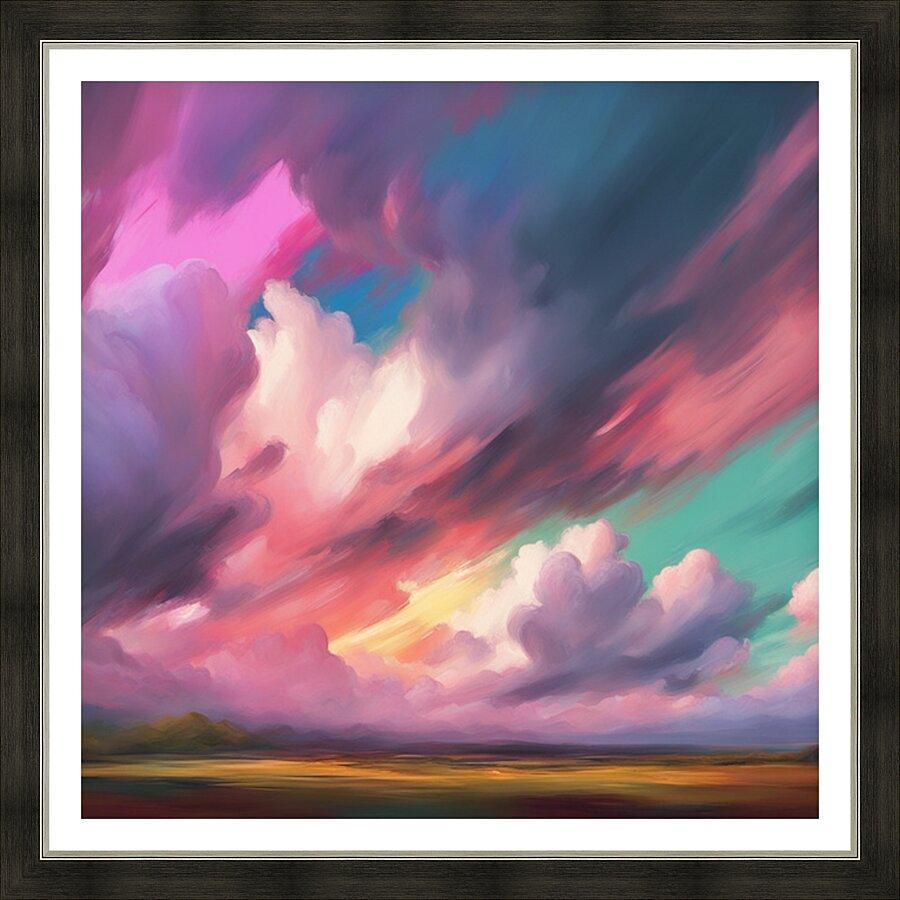Dramatic clouds framed wall art zoomed on billowing pastel clouds