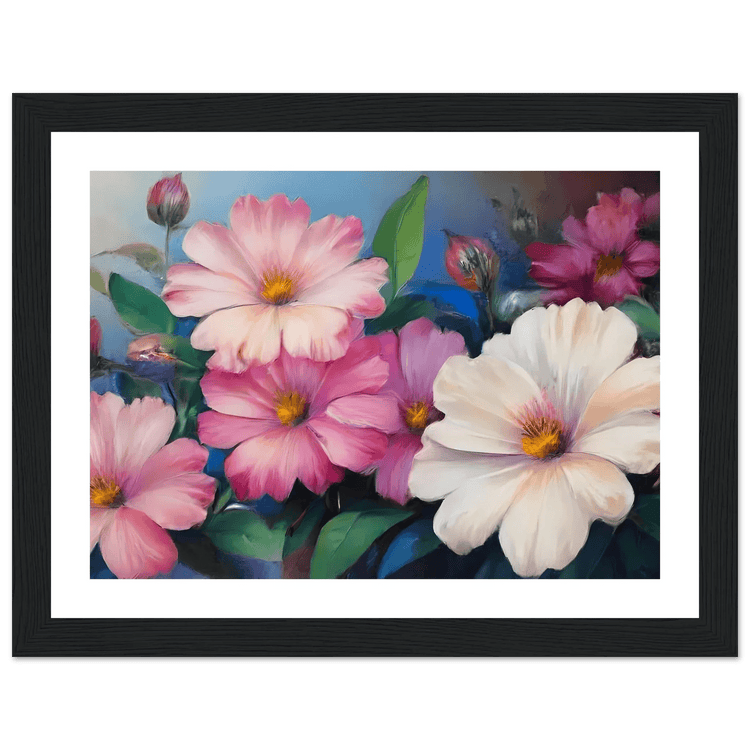 Floral painting poster with black frame, pink and white blossoms on a blue background