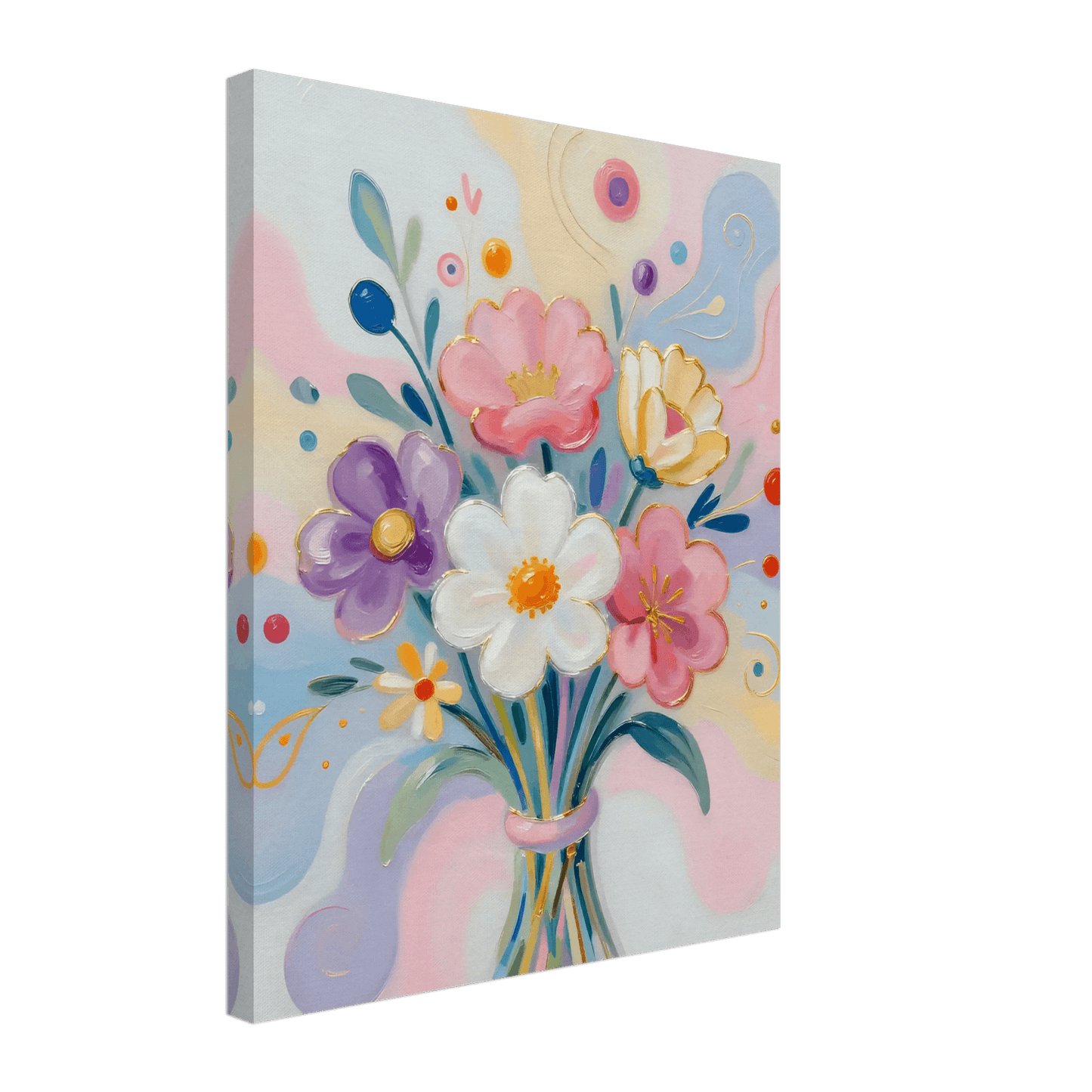 Pastel floral bouquet canvas print with gold-outlined petals and swirling accents