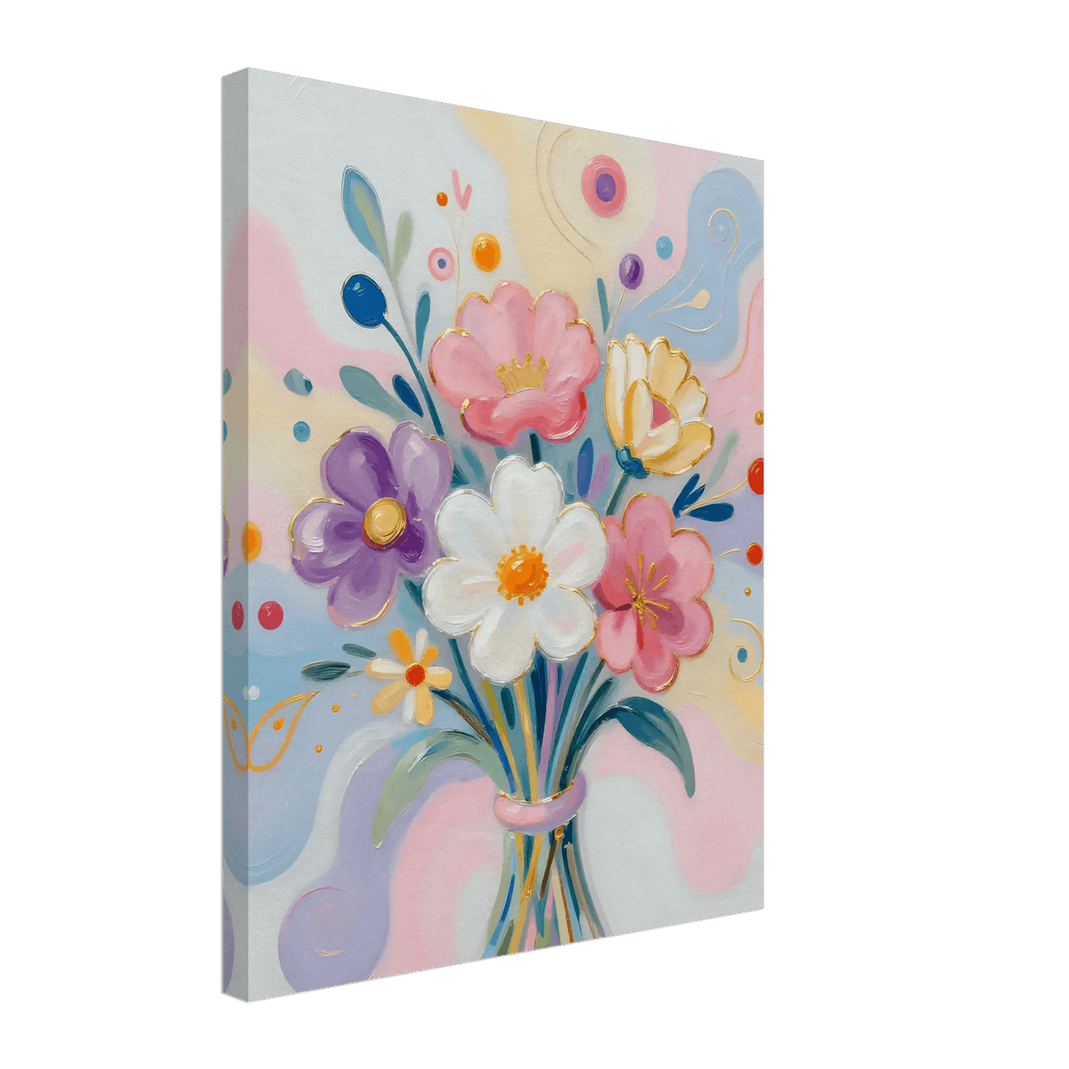 Pastel floral bouquet canvas print with gold-outlined petals and swirling accents