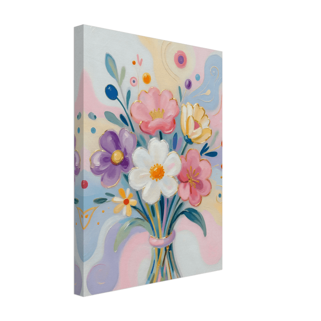 Pastel floral bouquet canvas print with white, pink, purple, and yellow flowers