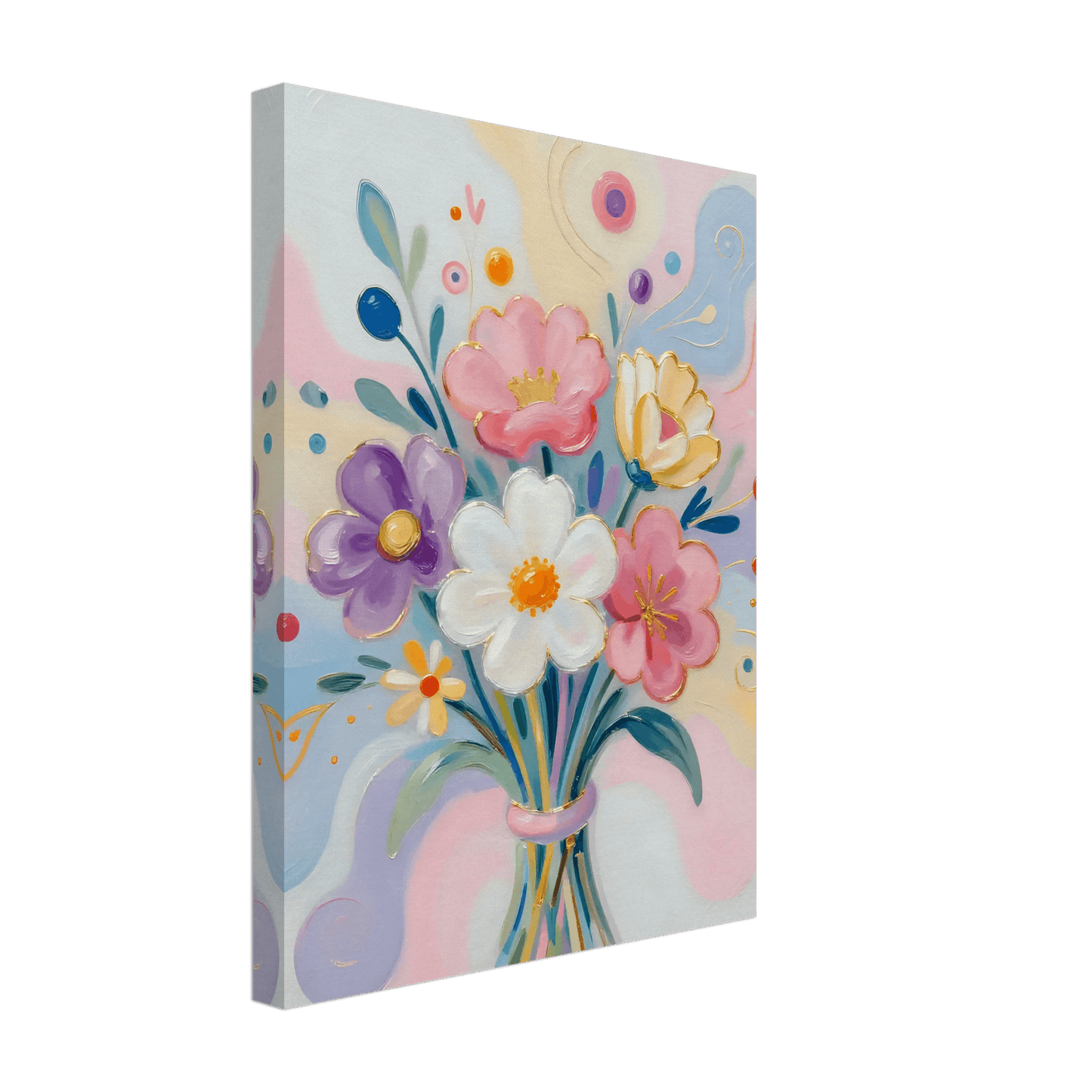 Pastel floral bouquet canvas print with white, pink, purple, and yellow flowers