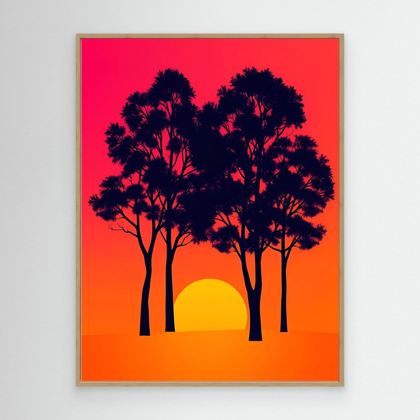 Tree silhouette wall art print with red-orange background and yellow sun, light frame