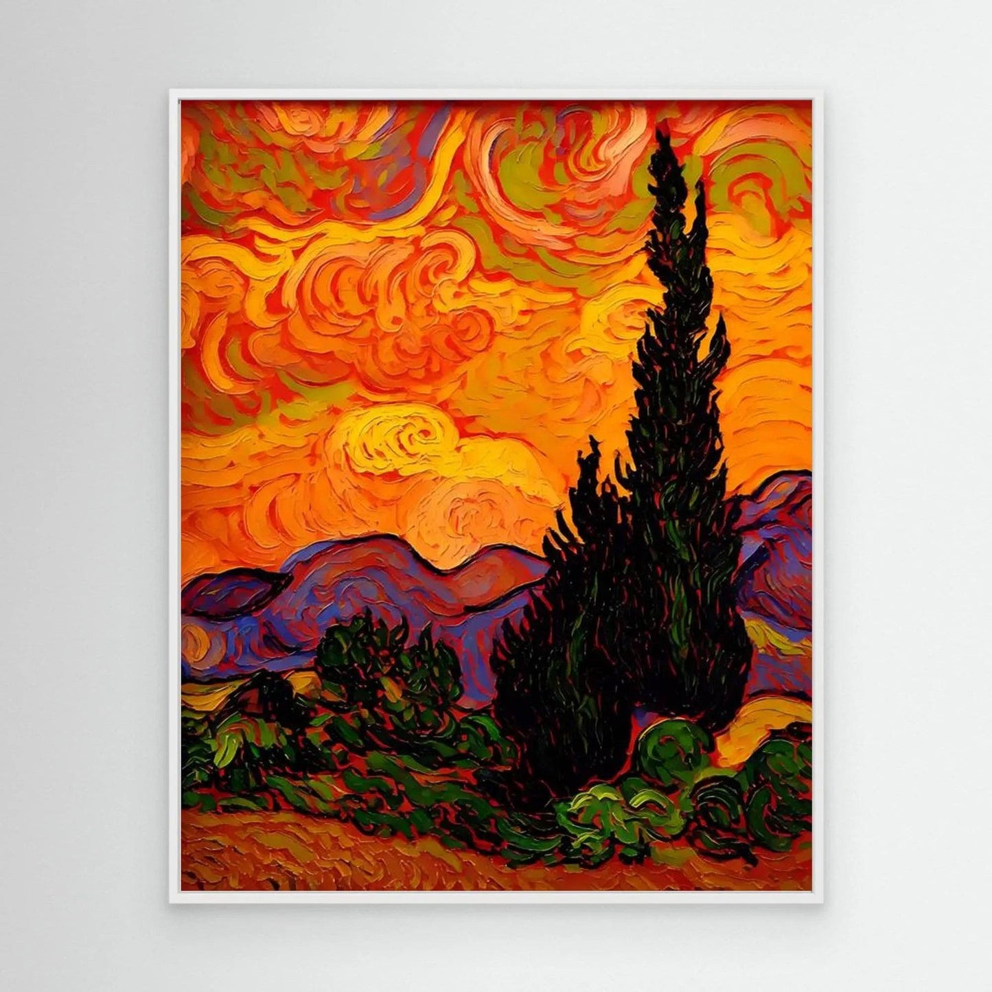 Framed landscape painting with pine tree silhouette and swirling orange-yellow sky