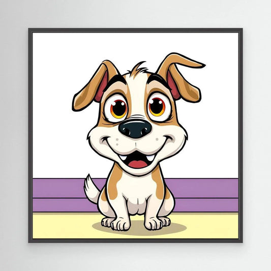 Cartoon dog wall art with brown-and-white dog illustration, black frame
