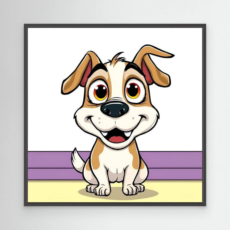 Cartoon dog wall art with brown-and-white dog illustration, black frame
