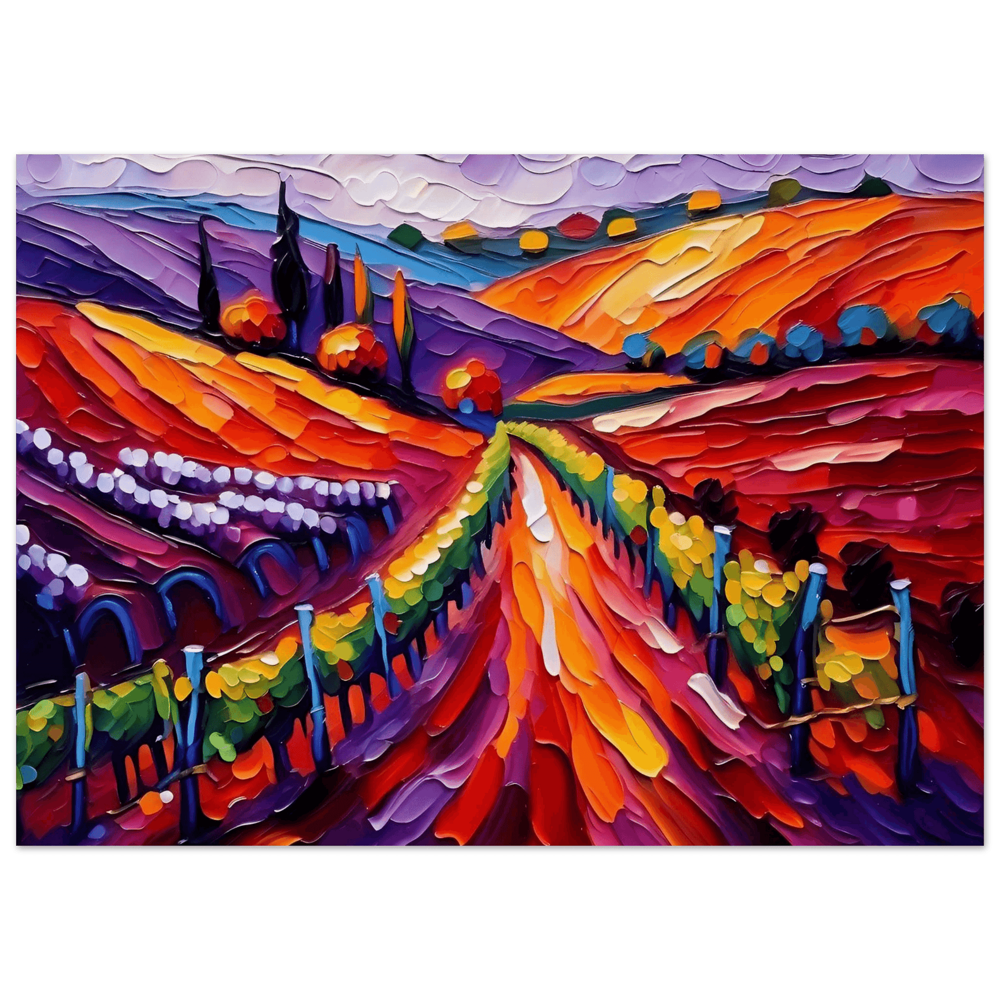 Framed textured vineyard landscape art with vivid orange peaks, purple shadows, and illuminated grape rows