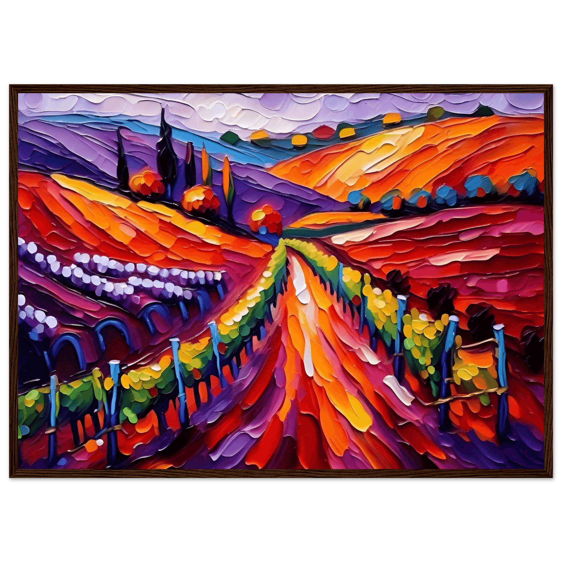 Vibrant vineyard landscape wall art with orange and purple textured hills, in dark wood frame.