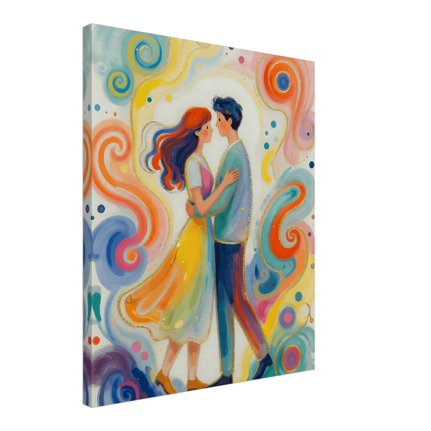 Romantic couple canvas print, man in blue holding woman in yellow dress, decorative swirls