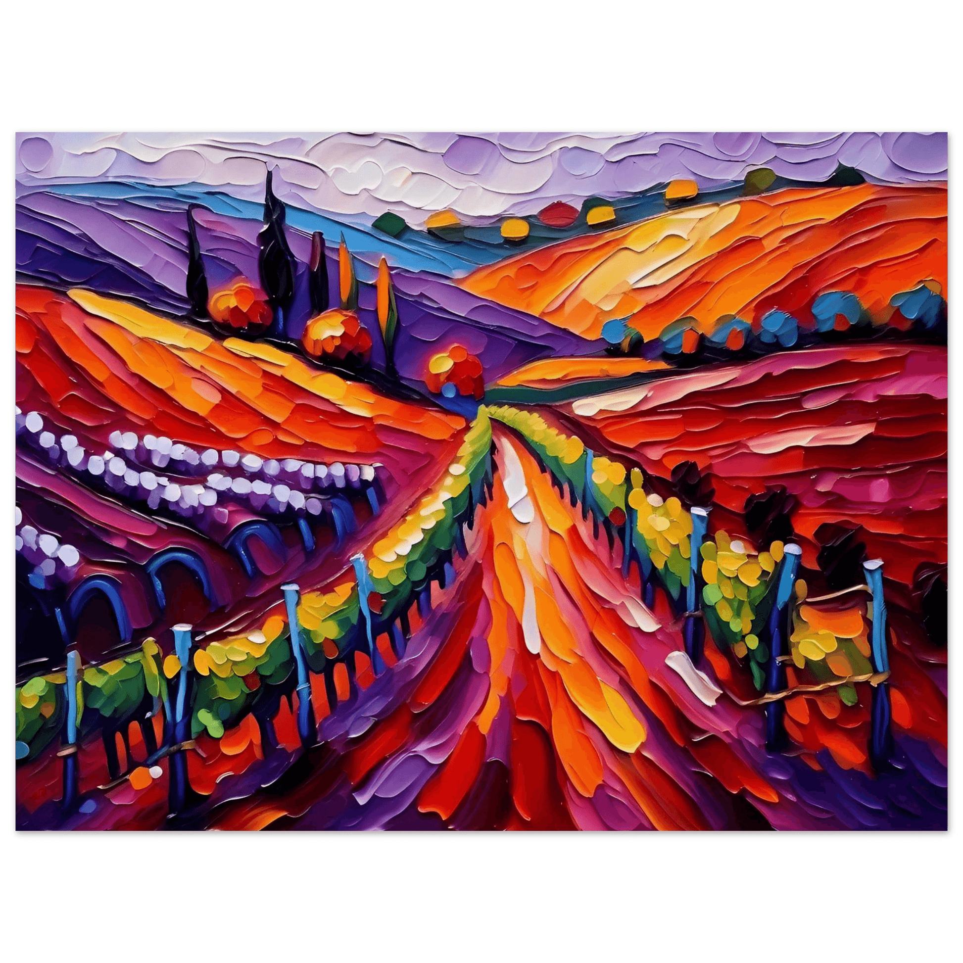 Framed vineyard landscape wall art with textured purple and red hills, orange highlights, and trees