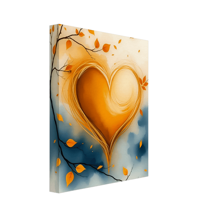Canvas gallery wrap watercolor art of a glowing orange heart with autumn leaves on branches.