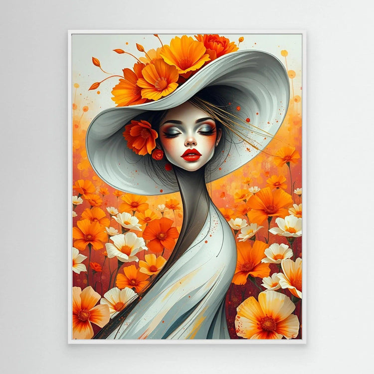 White-framed floral portrait of a woman in a light blue dress with an orange flower headpiece