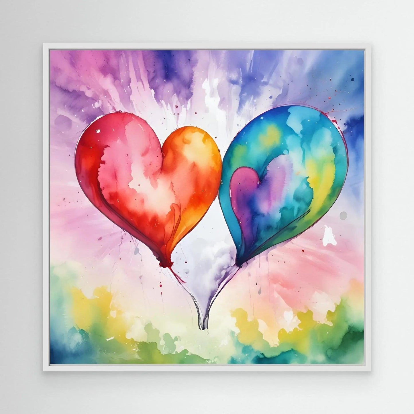 Framed watercolor wall art showing three heart-shaped balloons on a white background